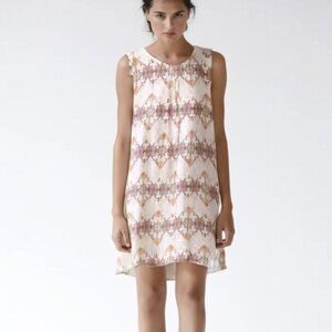 MORGAN CARPER Anthropologie Abstract  Tonal Beige Mauve Silk Shift Cape Dress